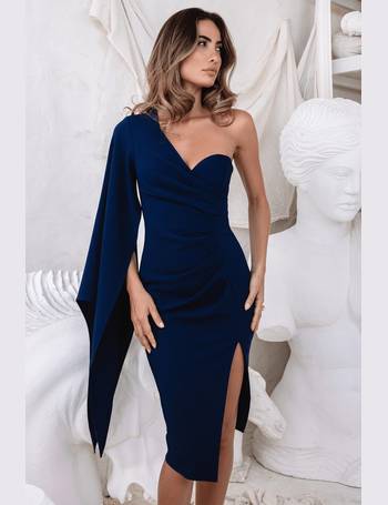 Lavish Alice Jacquard Corset Detail Puff Sleeve Midi Dress in Blue