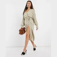 Pretty Lavish Beau wrap knit dress with tie waist in mocha