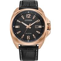 Citizen Mens Rose Gold Watch With Black Leather Strap