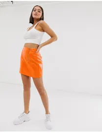 Missguided orange vinyl skirt hotsell