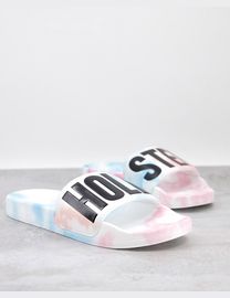 Hollister logo slide sandals best sale