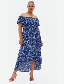 Dusty fashion blue bardot frill hem midi dress