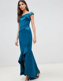 Lipsy satin panel bardot fishtail maxi dress hotsell