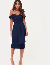 Lavish alice pleated bardot draped belt midi dress best sale