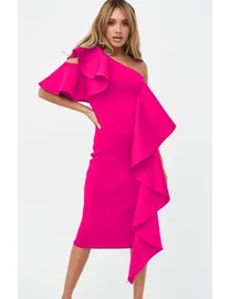 Extreme frill peplum hem scuba midi dress in pink hotsell