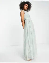 Anaya with love tulle plunge neck maxi dress with ruffle sleeve and satin trim in white best sale