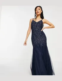 Maya delicate sequin bodice maxi dress with cross back bow detail in bluebell best sale