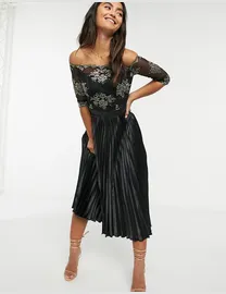 Chi chi london high neck lace midi dress with tulle skirt in black hotsell