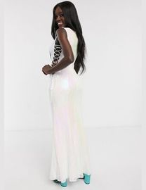 Dolly & delicious petite 3d applique embellished plunge front maxi dress with thigh split in white hotsell